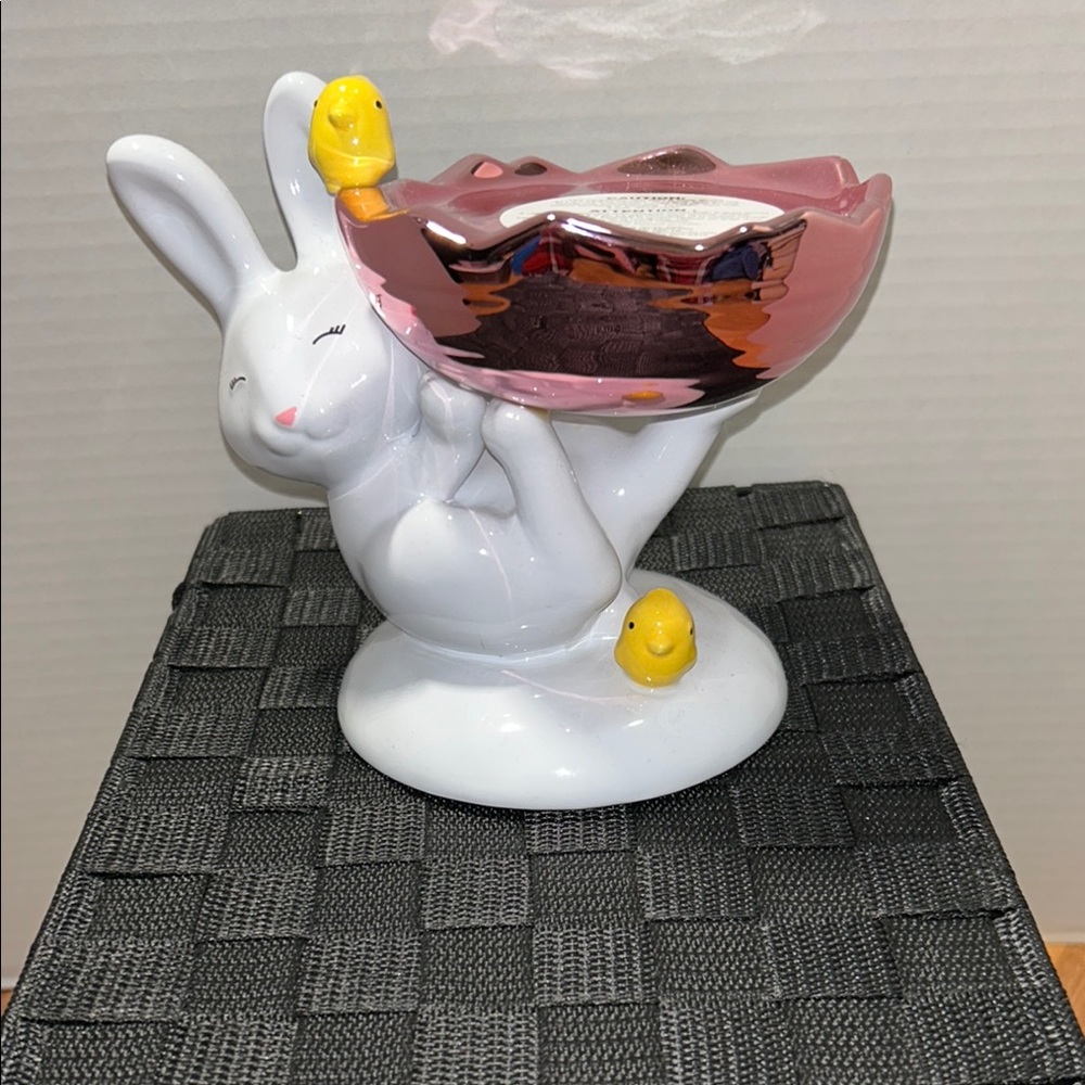 White Ceramic Bunny 3-wick Candle Holder with Pink egg